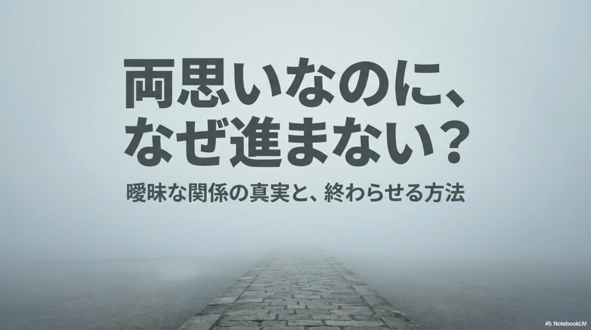 両思いなのになぜ進まないのか、曖昧な関係の真実と終わらせる方法を解説するタイトルスライド