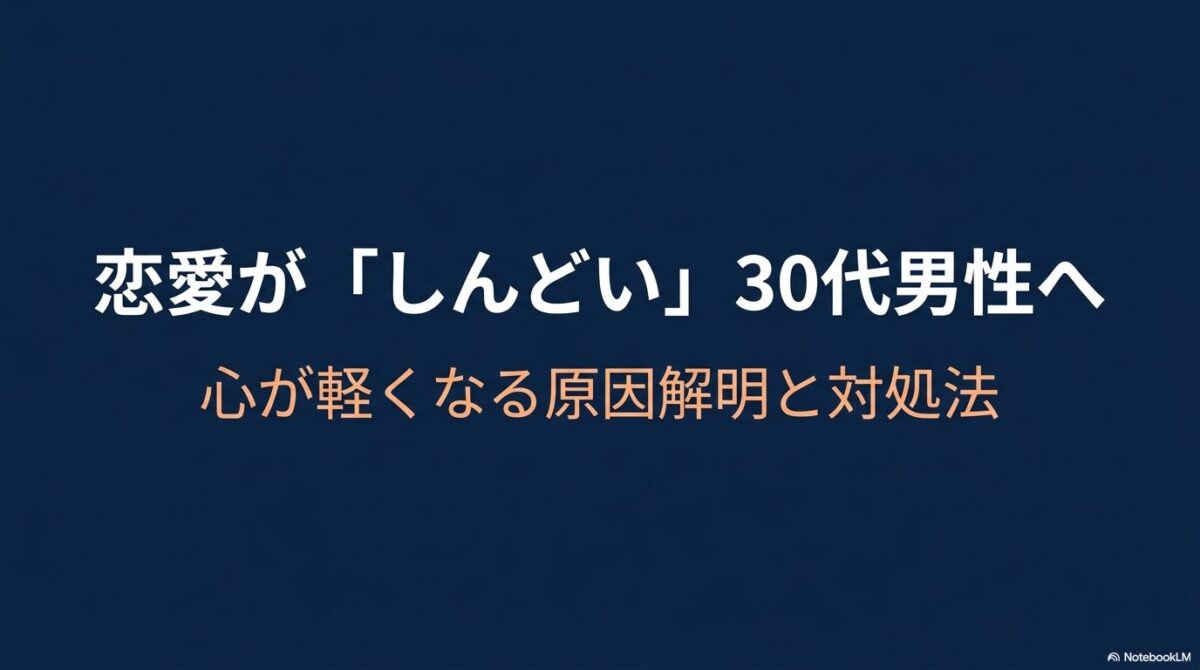 恋愛がしんどい30代男性へ向けた、心が軽くなる原因解明と対処法を解説するタイトルスライド