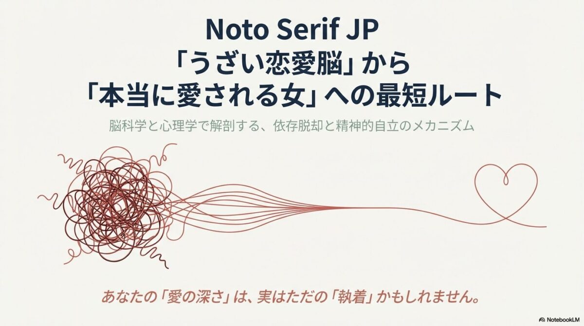 絡まった赤い糸がほどけてハートの形になるイラスト。「うざい恋愛脳」から依存を脱却し精神的自立へ向かうメカニズムを図解したタイトルスライド。