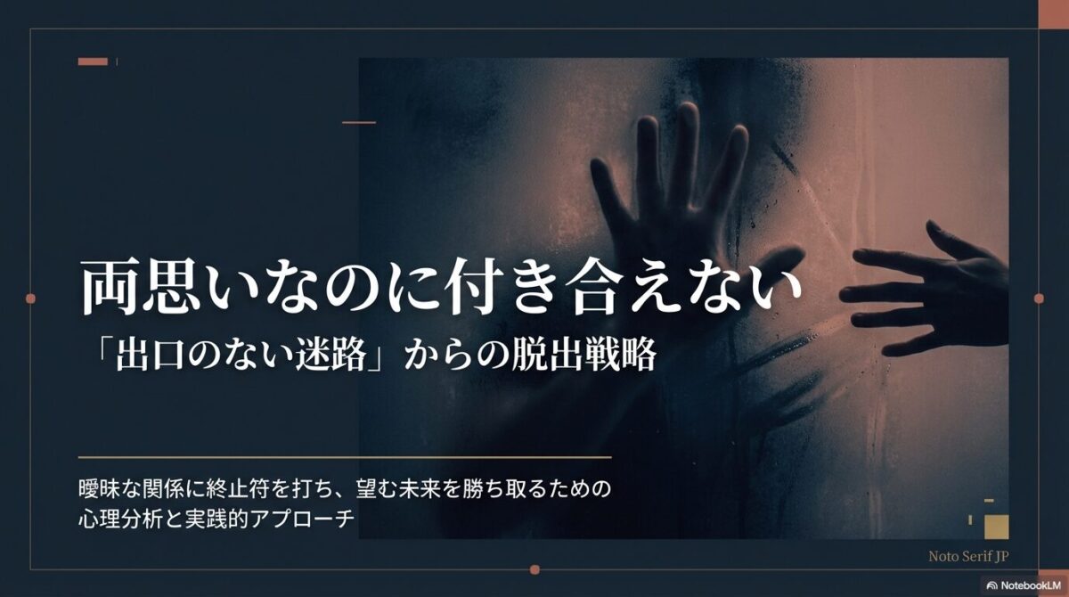 「両思いなのに付き合えない」出口のない迷路からの脱出戦略を解説するスライドの表紙。