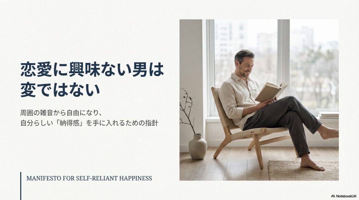 落ち着いた工房で本を読む男性のイラストと、「恋愛に興味がない男たちへ。異常ではなく進化、現代における合理的幸福論」というタイトル。