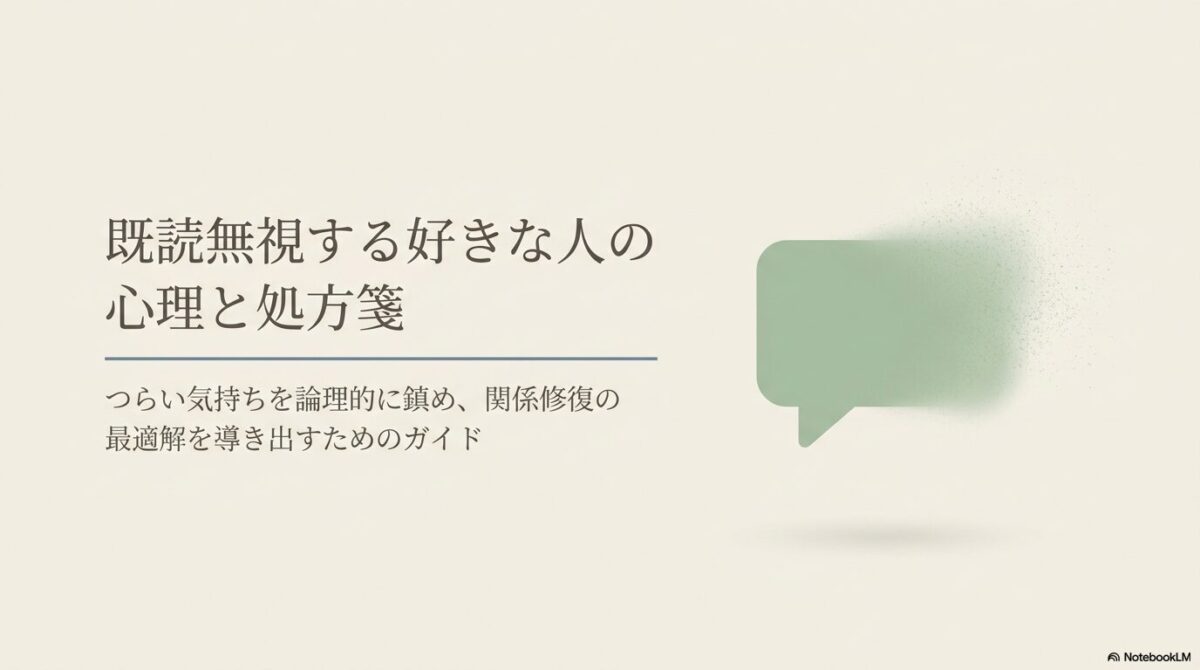 記事のアイキャッチ画像。「既読無視する好きな人の心理と処方箋。つらい気持ちを論理的に鎮め、関係修復の最適解を導き出すためのガイド」というタイトルが書かれたスライド表紙。