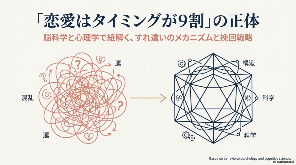 恋愛における混乱と運の要素を、科学と構造によって整理・解明する概念図