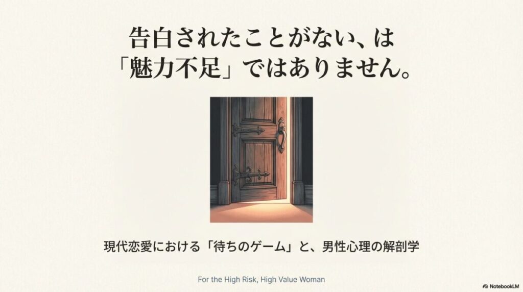 ハートを盾で守るようなイラスト。「告白されない理由は、あなたが劣っているからではなく、男性が振られるリスクを恐れているからです」というメッセージ