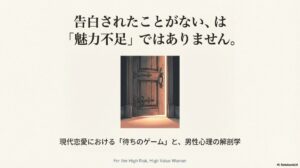 ハートを盾で守るようなイラスト。「告白されない理由は、あなたが劣っているからではなく、男性が振られるリスクを恐れているからです」というメッセージ