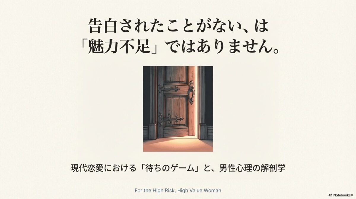 ハートを盾で守るようなイラスト。「告白されない理由は、あなたが劣っているからではなく、男性が振られるリスクを恐れているからです」というメッセージ