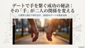『心理学と統計で導き出す、3回目のデートの黄金法則』というタイトルと、手を取り合うイメージが描かれたプレゼンスライドの表紙