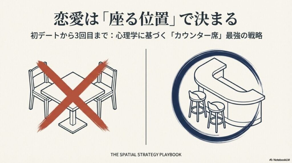 テーブル席に大きなバツ印、カウンター席に青い丸印がついた、初デートの座席選択の結論を示す図解。