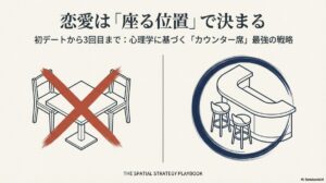 テーブル席に大きなバツ印、カウンター席に青い丸印がついた、初デートの座席選択の結論を示す図解。