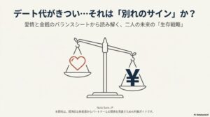 天秤の片方にハート、もう片方に円記号が乗ったイラスト。タイトル「デート代がきつい･･･それは別れのサインか? 愛情と金銭のバランスシートから読み解く、二人の未来の生存戦略」