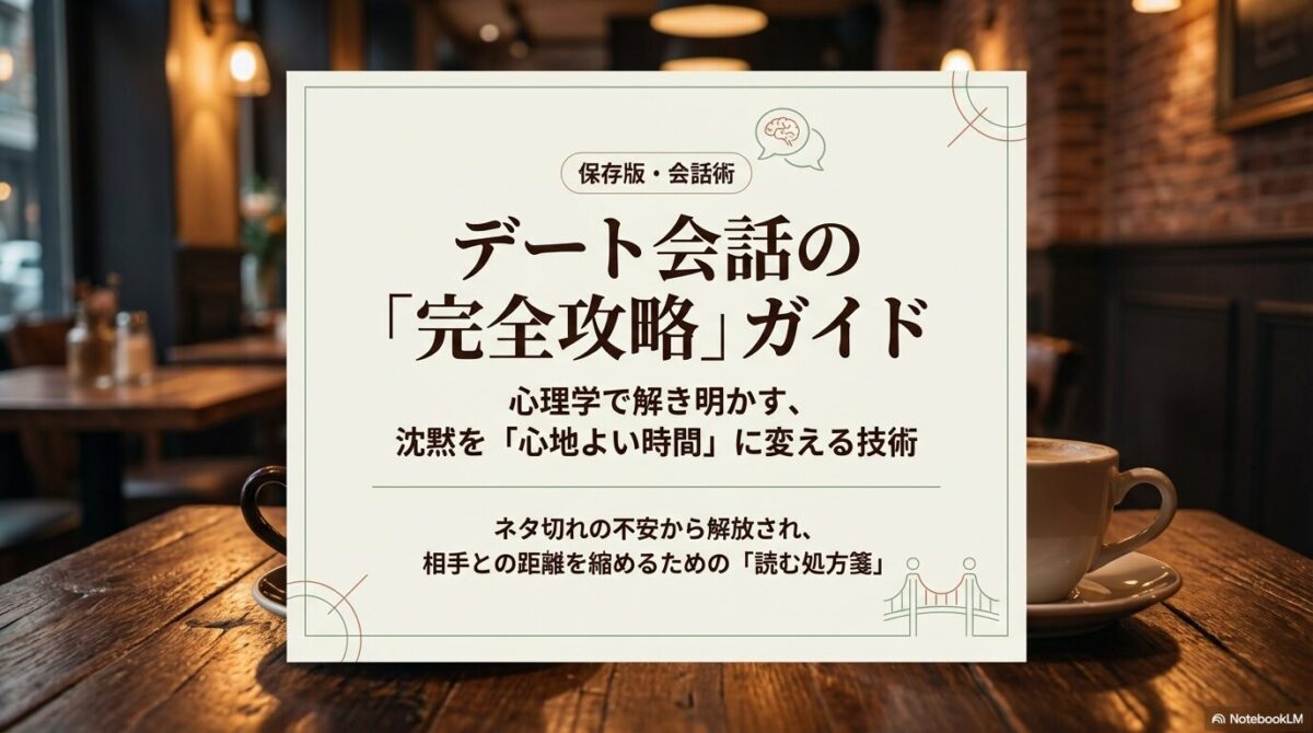 「デート会話の完全攻略ガイド」というタイトルの表紙画像。心理学で沈黙を心地よい時間に変える技術を紹介する