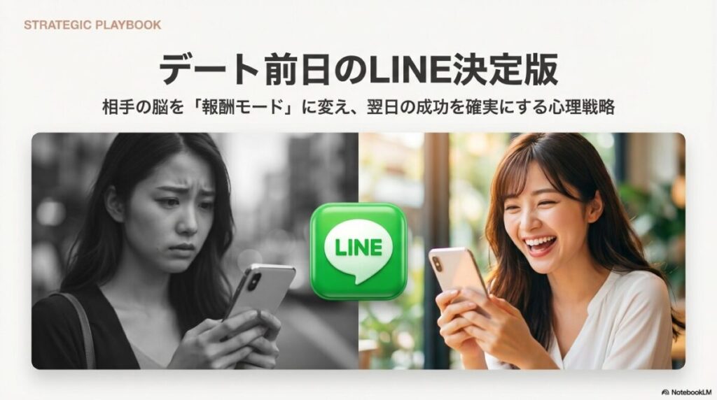 不安そうな顔でスマホを見る女性と、笑顔でスマホを見る女性の比較画像。「デート前日のLINE決定版」というタイトル。