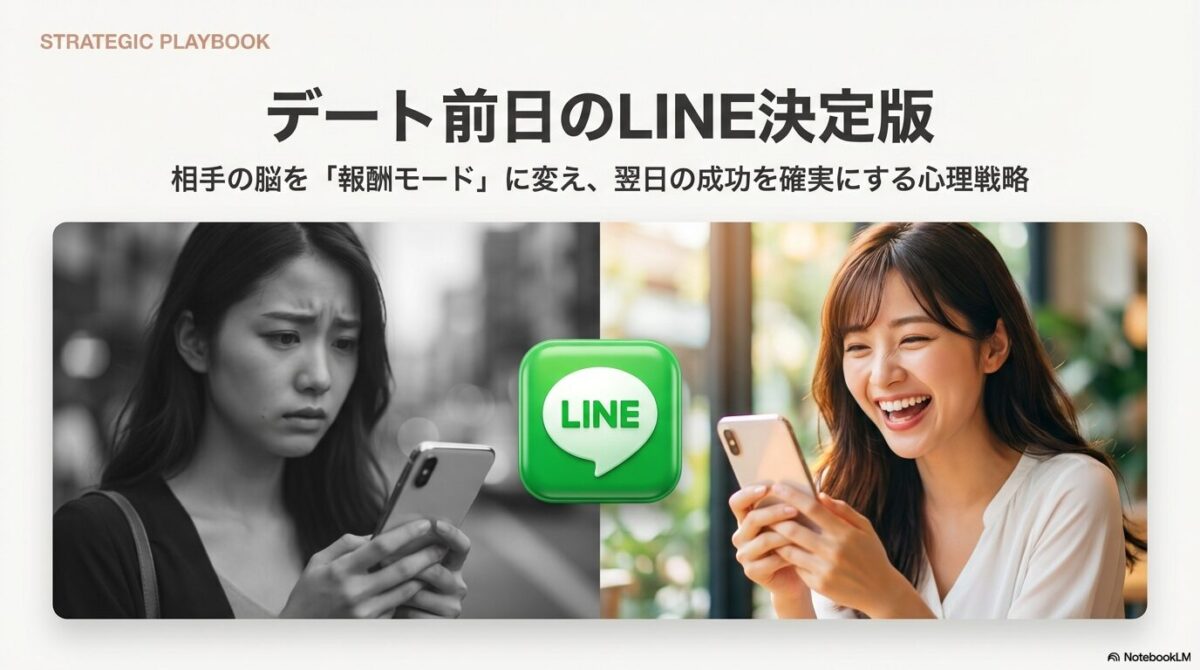 不安そうな顔でスマホを見る女性と、笑顔でスマホを見る女性の比較画像。「デート前日のLINE決定版」というタイトル。