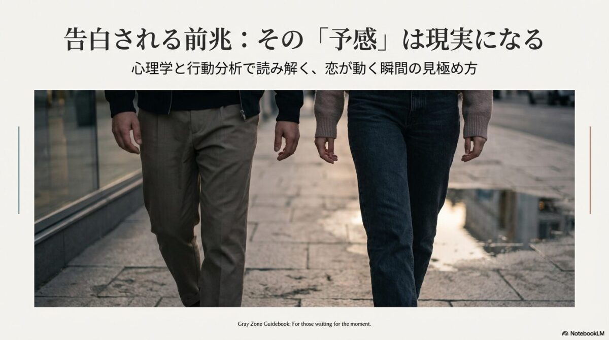 男女が並んで歩く足元の写真に、告白の前兆を読み解くためのガイドブックのタイトルが重なっている。