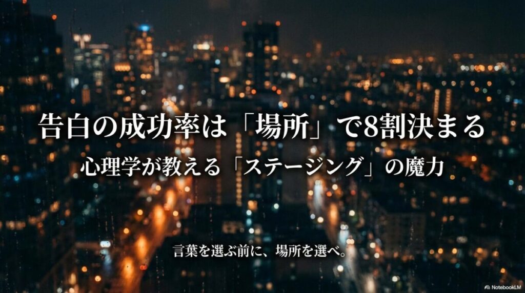 「告白の成功率は場所で8割決まる」というキャッチコピーと、心理的なステージングの重要性を伝えるタイトルスライド
