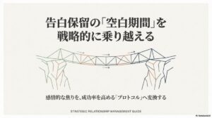 崖の間に架けられた橋のイラストとともに「告白保留の『空白期間』を戦略的に乗り越える」と書かれた記事のメインビジュアル