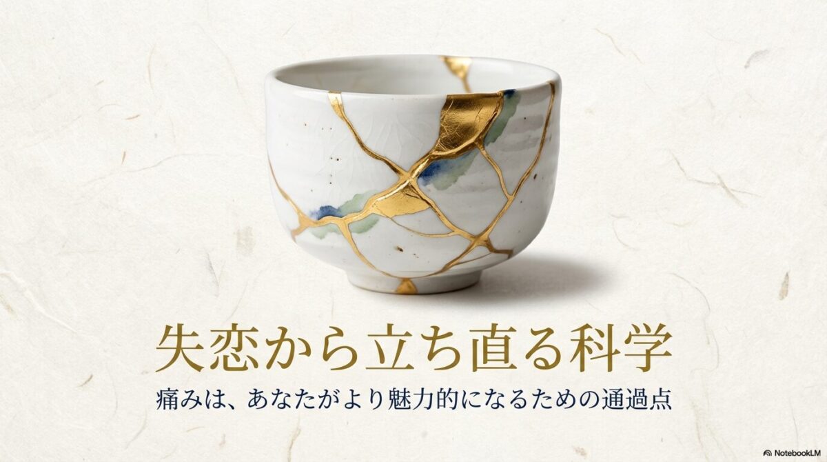 「失恋から立ち直る科学」というタイトルと、痛みが魅力を増すための通過点であることを示すスライド表紙