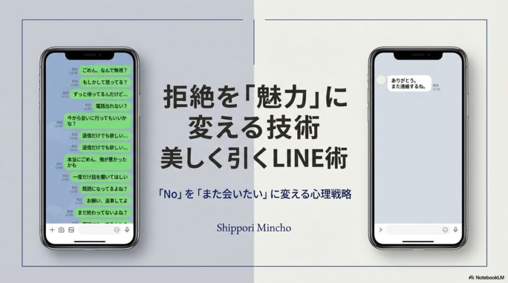 感情的な追撃LINEと、余裕を感じさせる「美しく引く」返信の対比を示したスマートフォンの画面。