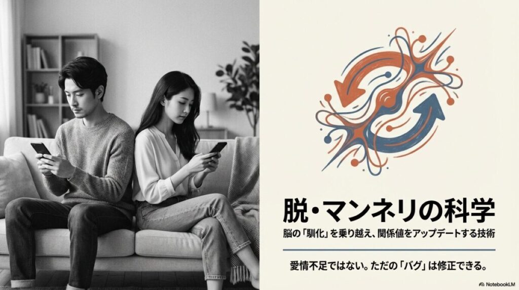 ソファーの両端でスマホをいじるカップルの写真と、関係値をアップデートするための「脱・マンネリの科学」というタイトル。