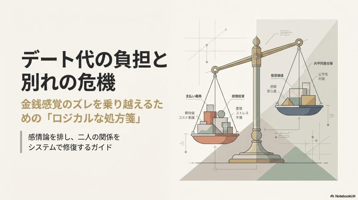 デート代の負担と別れの危機をテーマにしたプレゼンテーションの表紙