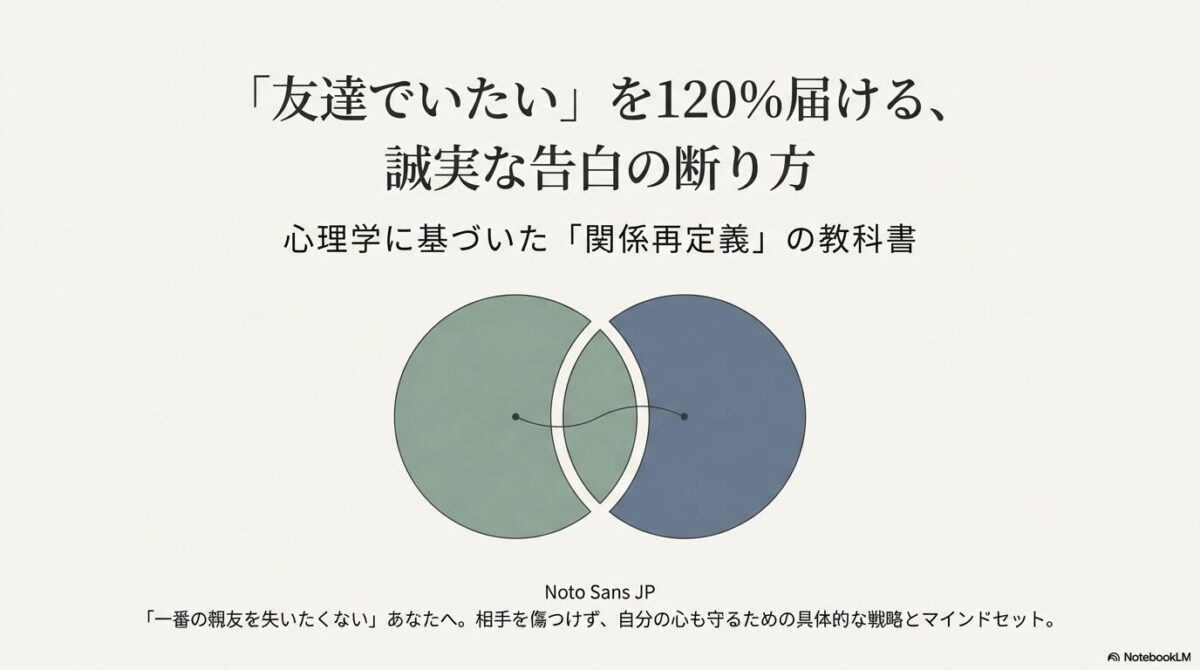 2つの円が重なり合う図と「『友達でいたい』を120%届ける、誠実な告白の断り方」というタイトル