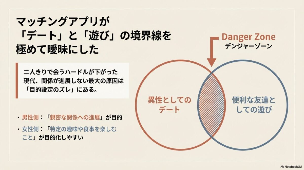 「異性としてのデート」と「便利な友達としての遊び」の2つの円が重なる部分を「Danger Zone（デンジャーゾーン）」と定義し、現代の曖昧な関係性を図解したベン図。