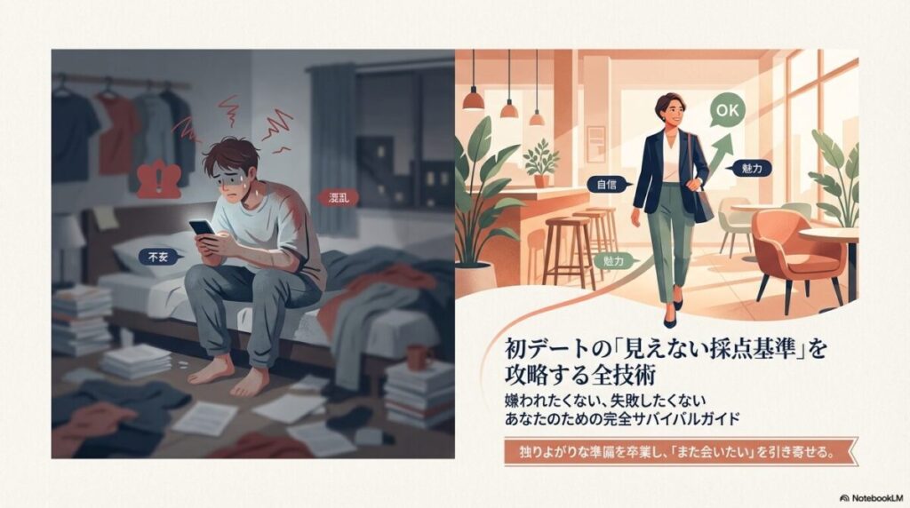 カフェに向かう自信に満ちた女性と、自室で不安に震えながらスマホを見る男性の対比イラスト。初デートの攻略技術を網羅したサバイバルガイドの表紙。