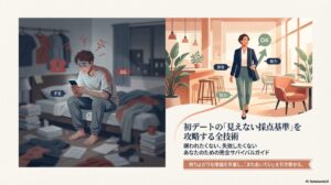 カフェに向かう自信に満ちた女性と、自室で不安に震えながらスマホを見る男性の対比イラスト。初デートの攻略技術を網羅したサバイバルガイドの表紙。