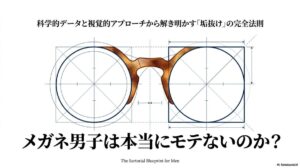 スタイリッシュなメガネをかけた知的な男性のポートレートと、記事タイトルのスライド