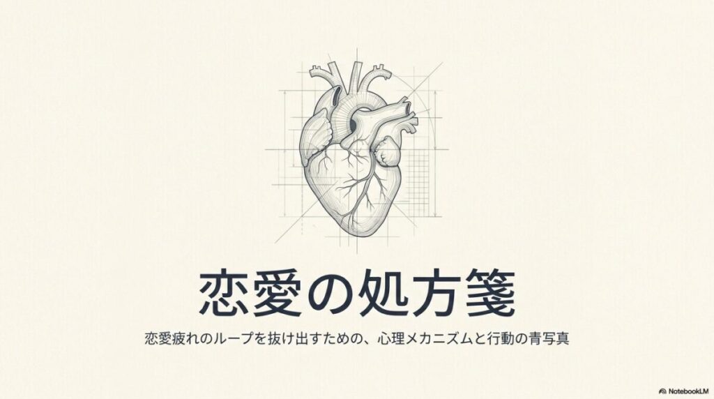 「恋愛の処方箋」という文字と心臓の繊細な解剖図スケッチ。