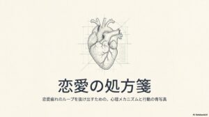 「恋愛の処方箋」という文字と心臓の繊細な解剖図スケッチ。