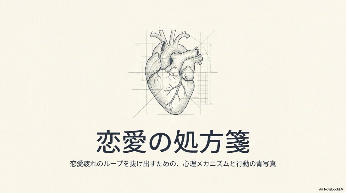 「恋愛の処方箋」という文字と心臓の繊細な解剖図スケッチ。