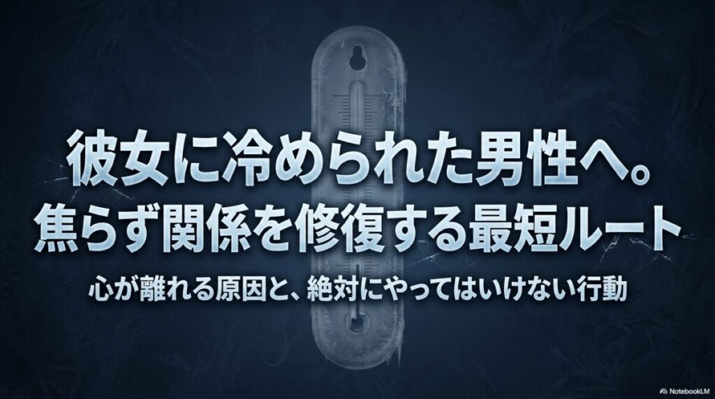 彼女に冷められた男性へ。焦らず関係を修復する最短ルート。心が離れる原因と、絶対にやってはいけない行動について解説したスライドの表紙。