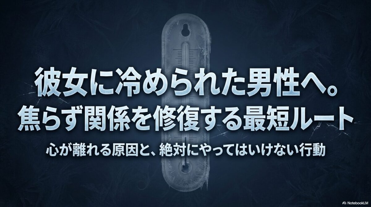 彼女に冷められた男性へ。焦らず関係を修復する最短ルート。心が離れる原因と、絶対にやってはいけない行動について解説したスライドの表紙。