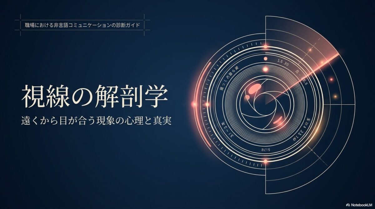 遠くから目が合う現象の心理メカニズムを解説するタイトルスライド。視線と認知の関係をレンズの図で表現している。